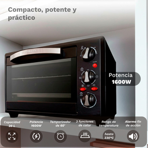 Forno elettrico multifunzione da banco 28L 1600W nero per cuocere e arrostire - Product Image 2