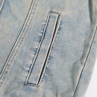 Veste en jean délavée vintage pour homme, col montant zippé, effet usé, streetwear ample brodé, veste décontractée