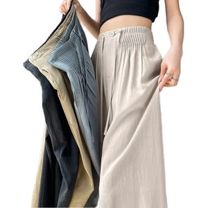 Pantalon en coton taille haute pour femme, coupe ample, plissé, longueur intégrale, couleur unie, décontracté, respirant, taille élastique, idéal pour l'été - Product Image 1