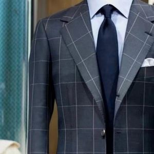 <span class=keywords><strong>Costume</strong></span> d'affaires pour <span class=keywords><strong>homme</strong></span> bleu foncé à carreaux, simple boutonnage, respirant, en laine italienne VBC Super 110's, fait main, <span class=keywords><strong>demi</strong></span>-couture - Product Image 5
