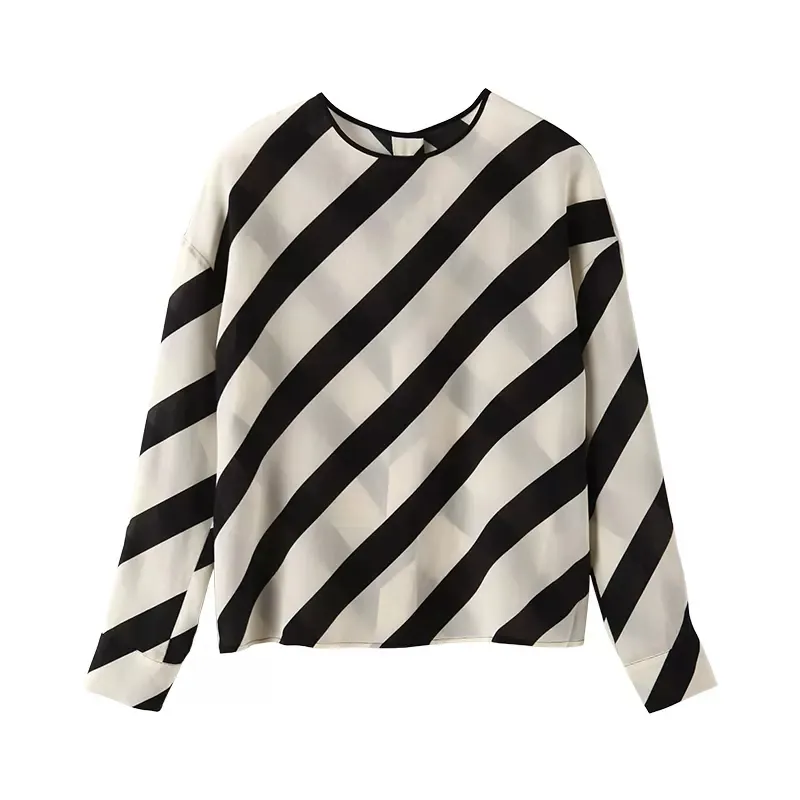 Summer New O-Neck Black And White Color Long Sleeve Buttons Up Striped Print Casual Tops For Ladies Diagonal Stripe Silk Blouses