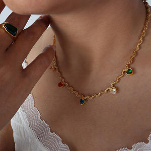 Wholesale <b>Gold</b> Trendy Delicate <b>Heart</b> <b>Pendant</b> Necklace Fashion Irregular Curved Chain Colorful <b>Heart</b> Zircon Clavicle for Women - Product Image 2