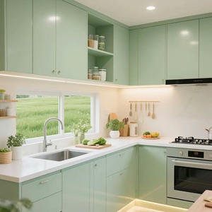 Meuble <span class=keywords><strong>de</strong></span> <span class=keywords><strong>cuisine</strong></span> moderne <span class=keywords><strong>en</strong></span> contreplaqué émaillé, sur mesure, écologique, modulaire, couleur vert matcha, avec cuisinière simple intégrée et rangement tout-<span class=keywords><strong>en</strong></span>-un - Product Image 3