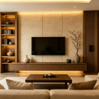 Meuble TV flottant en bois massif avec éclairage LED chaud, combinaison minimaliste style Song de meuble TV et table basse pour salon