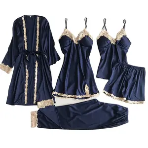 Pyjamas with chest pad women spring and autumn summer 5 sets of women's silk pajamas sexy slip dress long-sleeved robe home wear