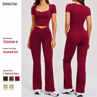Ensemble de yoga effet seconde peau pour femme, haut à manches courtes et leggings évasés, 2 pièces, rembourré, anti-humidité, coupe ajustée, pour la course, la gym et le fitness