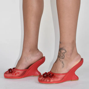 Custom Styles Women Mesh Embroidered <b>High</b> <b>Wedge</b> <b>Heels</b> Outdoor Sandals Summer Slip-On Breathable Lightweight Stiletto Mules - Product Image 2