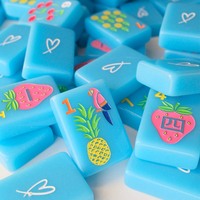 Schattig zomerse tropische Mahjong set lichtblauw acryl 160 tegels fruit papegaai patroon uniek cadeau voor meisjes zwembad vakantie game night