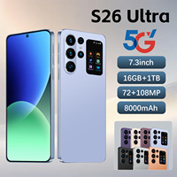 Smartphone S26 Ultra 7,3 pouces Écran LED HD 90Hz Android 15 16 Go 1 To 108 MP 8800 mAh Deca Core 5G Double SIM Carte TF Face ID Gaming