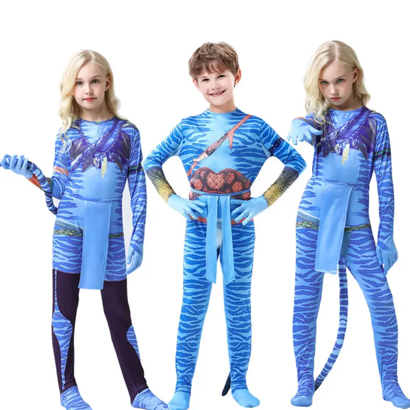 Kostum film Cosplay Avatar baru 2 "Jake Sully neyiri Polyester Zentai Jumpsuit pesta Jumpsuit ekor anak perempuan kostum Cosplay Halloween anak-anak