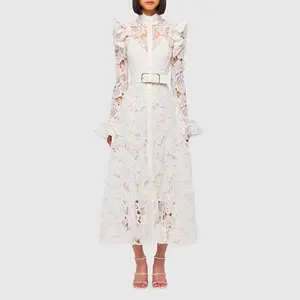 New Celebrity Trumpet Long-sleeved Hollow Perspective Embroidery Waist High Waist Slim Long Skirt Dress For Women