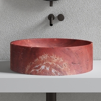 Lavabo de salle de bain rond en pierre artificielle de style américain rétro, en travertin rouge, avec comptoir personnalisé
