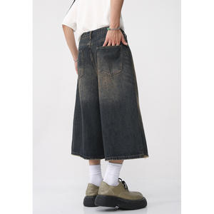 Ohsisa hombres 2025 verano Casual nueva pierna ancha suelta Retro Do Old Horn recortada pantalones vaqueros de punto de cintura media - Product Image 4