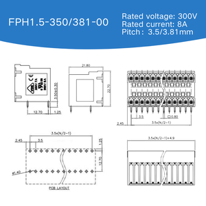 Bloque de Terminales PCB de Doble Fila <span class=keywords><strong>AOSO</strong></span> FPH1.5-350 381-00 de 3.5mm, Aleación de Cobre, 300V 8A, Conector de Cableado Enchufable MCD1.5-G1 - Product Image 3
