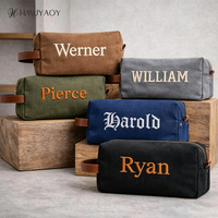 Trousse de Toilette en Toile Brodé avec Nom, Sac de Voyage Personnalisable en Toile avec Poignée en Cuir pour Hommes, Trousse à Cosmétiques Personnalisable