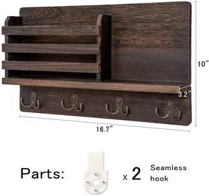 Wall Mounted Mail Sorter Organizer with 4 Double Key Hooks and <b>Floating</b> <b>Shelf</b> Rustic Home Decor - Product Image 2