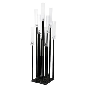 Pièce maîtresse de mariage moderne de haute qualité Candélabre de sol Table <span class=keywords><strong>Bougie</strong></span> en métal à 9 bras hauts noirs avec abat-jour en acrylique - Product Image 3