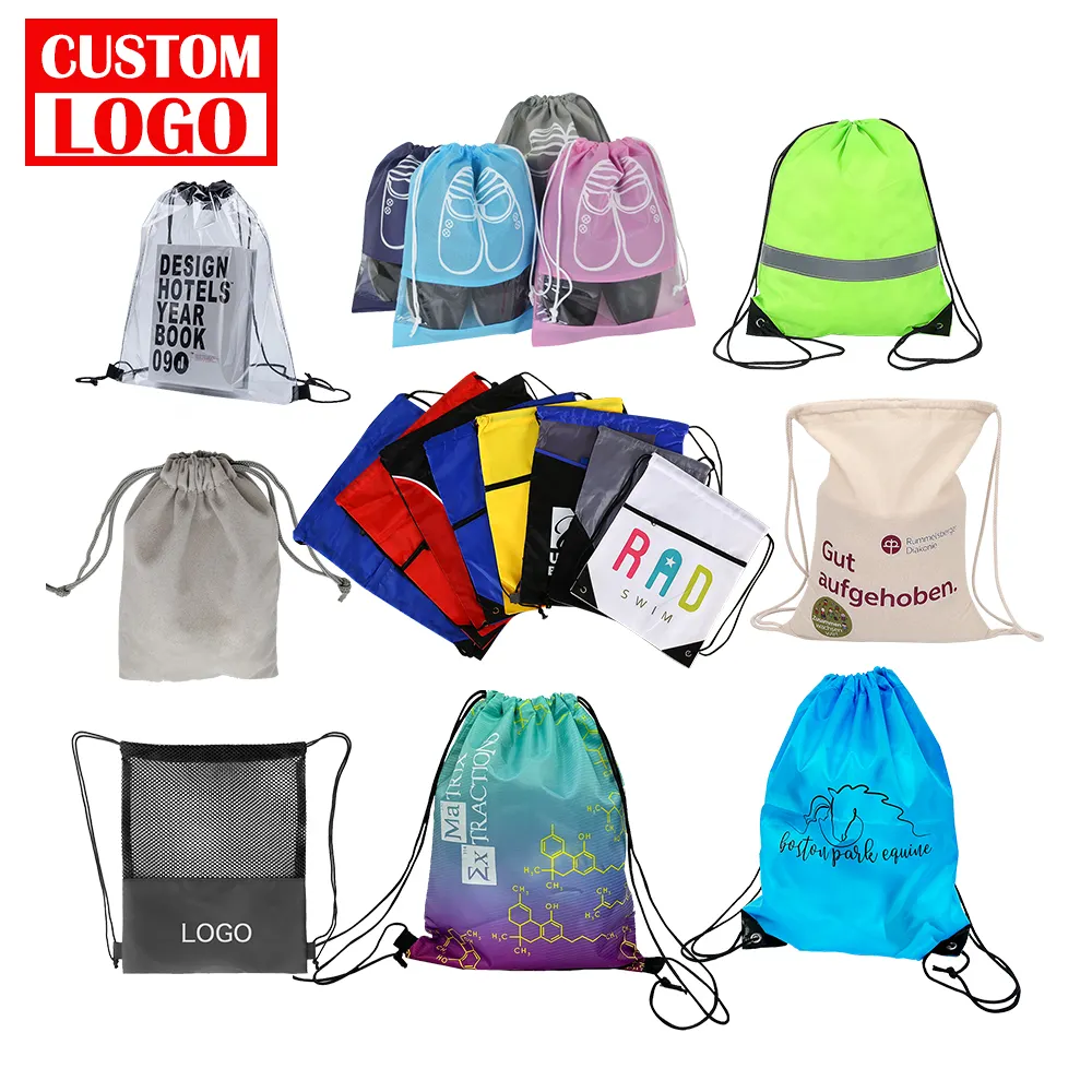 थोक यूनिसेक्स 13 रंग आउटडोर खेल मुक्त डिजाइन प्रचार लोगो मुद्रण ड्रा स्ट्रिंग खरीदारी ड्रॉस्ट्रिंग बैग