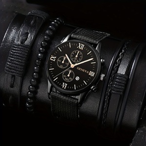 Men's Gift Set Watch Bracelet 4 Pieces Quartz <b>Calendar</b> Wristwatch Sports Watch Father'S Day Gift Black Brown Rose Gold - Product Image 3