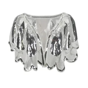 Châle pour <span class=keywords><strong>femme</strong></span> style années 20, Art Déco, à sequins et perles, Cape de soirée, Boléro, à devant ouvert, ourlet festonné, style Flapper - Product Image 1