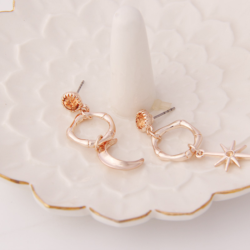 V & R joyas schmuck de pendientes de aro de metal Luna estrella colgante de cristal Rosa chapado en oro de la gota pendiente