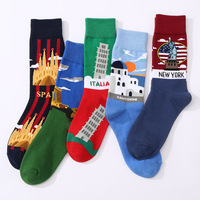 Mode en gros à la mode de haute qualité hommes chaussettes drôle coloré coton robe Paris unisexe Cool points de repère chocs chaussettes