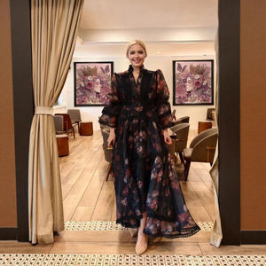 Vestido Largo Informal de Estilo Retro <span class=keywords><strong>Oscuro</strong></span> con Estampado Floral, Cuello Alto, Cintura Natural, Manga Larga, Diseño Exclusivo de Alta Gama, Ropa de Mujer para Otoño 2025 - Product Image 2