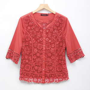 O-Cổ Tops Cotton Cổ Điển Người Phụ Nữ Áo Cánh Ngắn Tay Áo Sơ Mi Ren Thêu Đính Cườm Ngực Duy Nhất Phụ Nữ Giản Dị Áo Cánh - Product Image 3