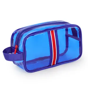 맞춤형 로고 여행 방수 블루 PVC 남성 메이크업 주최자 고품질 대용량 클리어 메이크업 가방