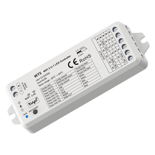 WT5 Controller DC 12-24V 5CH 3A DIM CCT RGB RGBW RGB+CCT Led Strip Lights Constant Voltage WiFi RF 5 in 1 LED Controller