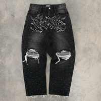 Jeans en denim délavé mi-acide personnalisés pour hommes, style vintage, déchirés, streetwear, hip-hop, broderie, strass, style rétro