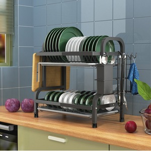 Estante de secado de platos de cocina de acero al carbono negro de 2 niveles, estante para platos con soporte para cubiertos, escurridor de platos de cocina - Product Image 5