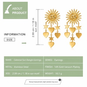 Boucles d'oreilles pendantes Cœur et Étoile en Acier Inoxydable Plaqué Or 14K sous Vide, Bijoux Fantaisie - Product Image 2