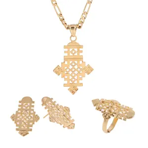 Äthiopischen Gold Farbe Kreuz Anhänger Ohrring Ring Halskette 24k Gold Überzogene Afrikanische Corss Symbol Schmuck Set