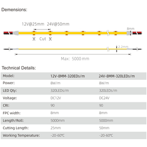 12V 24V 8 mét PCB 320LED/M cri90 IP20 cuộn-to-roll linh hoạt COB <span class=keywords><strong>LED</strong></span> Strip - Product Image 3