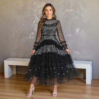 Robe longue de soirée pour femmes, occasion spéciale, robe longue à sequins et dentelle, motifs floraux, manches longues, rose rouge, robe maxi