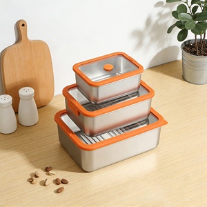 Stackable Leak Proof 3-Piece Set Modern Design Rectangle Stainless Steel Food Storage Container with Orange Glass Lid - Product Image 2