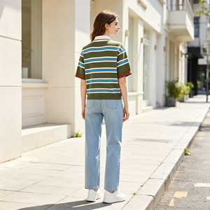 Chemisier Femme Tricoté à Manches Courtes Style Rétro Preppy Color Block Rayé avec Poignets Contrastants pour Pique-nique Estival et Quotidien sur le Campus - Product Image 3