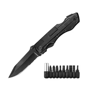 Alta qualidade preto oxidado faca lâmina polegar botão multiferramenta dobrável canivete com chave de fenda bits para acampamento ao ar livre