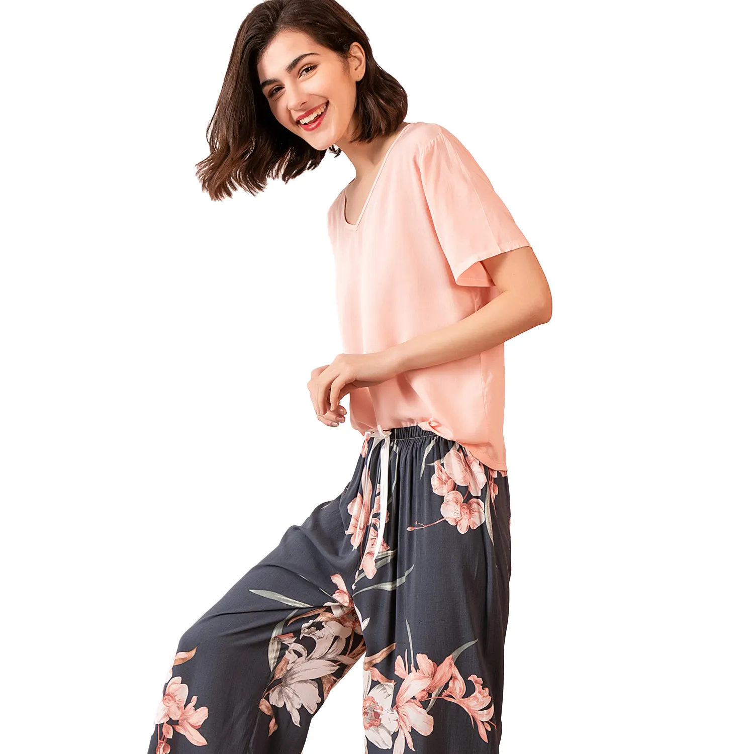 Летний пижамный комплект, женская одежда для отдыха, хлопковая вискозная Пижама контрастных цветов, топ с коротким рукавом и длинные брюки, Женский комплект Pj