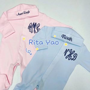 ชุดรอมเปอร์คลุมเท้าสำหรับเด็กแรกเกิดผ้าคอตตอน100% โมโนแกรมพร้อมหมวกเข้าคู่ผ้าห่มคลุม2025เรอ - Product Image 5