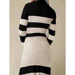 Striped Turtleneck Colorblock Midi <b>Dress</b> Women's Sweater <b>Dress</b> Long Sleeve Ribbed Knit <b>Dress</b> Black White Stripes - Product Image 5