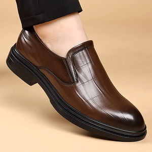 Men Leather Loafers <b>Round</b> Toe Slip-On <b>Cushioned</b> Rubber Outsole Autumn Wedding Dress Shoes - Product Image 1
