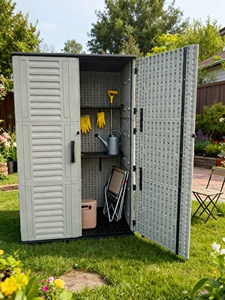 <span class=keywords><strong>Armoire</strong></span> <span class=keywords><strong>de</strong></span> rangement extérieure <span class=keywords><strong>en</strong></span> HDPE <span class=keywords><strong>de</strong></span> 120 gallons, facile à assembler, avec étagères réglables, portes verrouillables, résistante au vent et à l'eau - Product Image 3