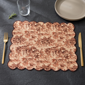 Mantel individual de algodón y lino premium con estampado Toile marrón vintage y borde festoneado |   Elegante Mantel Decorativo para Mesa de Comedor - Product Image 5