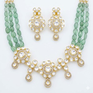 Traditional Green Stone Kundan 925 silver <b>Necklace</b> Set Gold Plated Bridal Jewelry with Earrings for Wedding Party Wear - Product Image 1