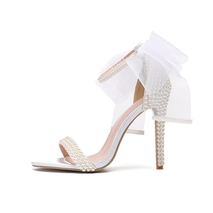 Women Hot Pearl Beaded Open Toe Stiletto Heels Tulle <b>Bow</b> Ankle Strap Sexy Sandals for Ladies Wedding Party Prom Dress Shoes - Product Image 4
