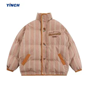 LAYENNE Men's Warm Winter Puffer Jacket Rose Embroidery <strong>Striped</strong> Thicken Coat Padded Oversize High Street Unisex Coat - Product Image 1