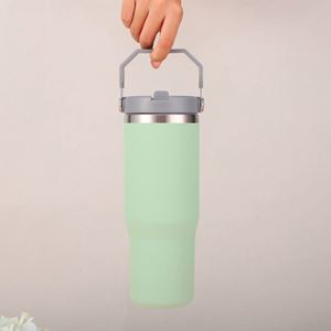 Gobelet isotherme en acier inoxydable 20 oz/30 oz avec paille rabattable et poignée, anti-fuite, compatible lave-vaisselle et micro-ondes, pour voyage et camping - Product Image 4