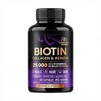 Biotina, Colágeno y Queratina 25000mg, Complejo Multivitamínico de Belleza, Cápsulas de Suplemento Dietético, 60 Cápsulas/Botella, 2 Cápsulas por Porción